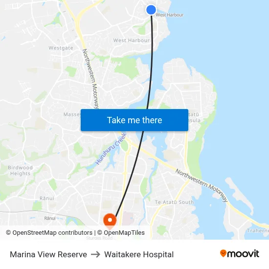 Marina View Reserve to Waitakere Hospital map