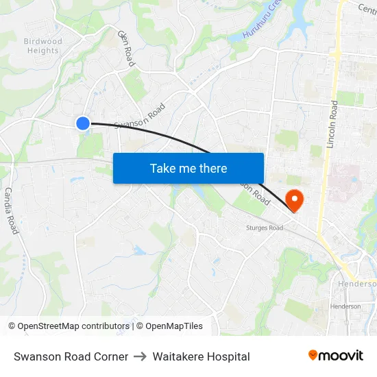 Swanson Road Corner to Waitakere Hospital map