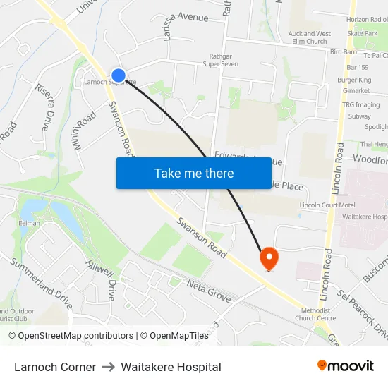 Larnoch Corner to Waitakere Hospital map
