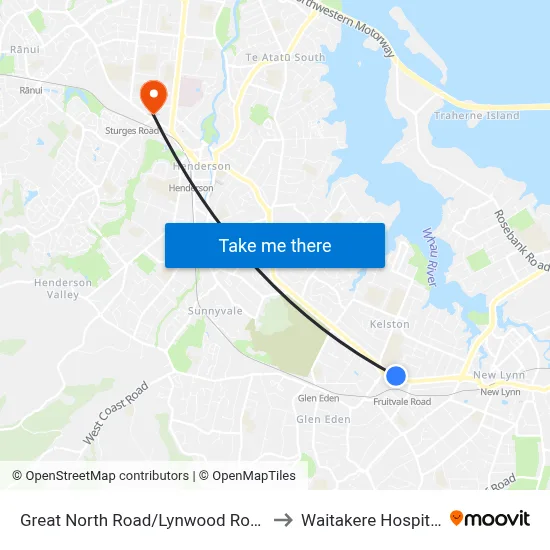 Great North Road/Lynwood Road to Waitakere Hospital map