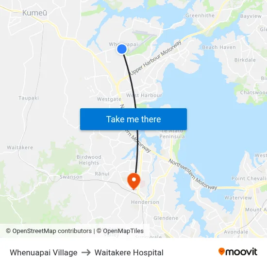 Whenuapai Village to Waitakere Hospital map