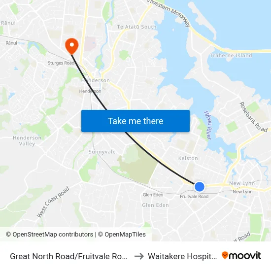 Great North Road/Fruitvale Road to Waitakere Hospital map