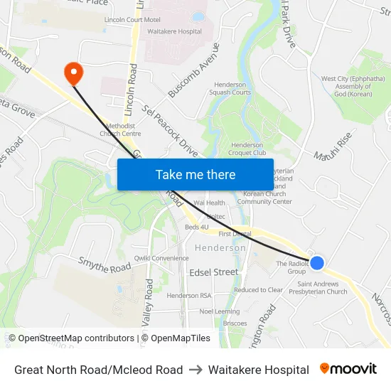 Great North Road/Mcleod Road to Waitakere Hospital map