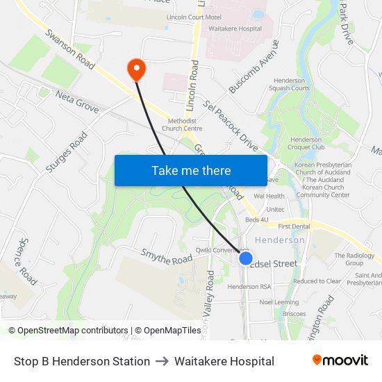 Stop B Henderson Station to Waitakere Hospital map