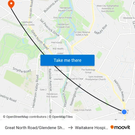 Great North Road/Glendene Shops to Waitakere Hospital map