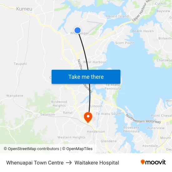 Whenuapai Town Centre to Waitakere Hospital map