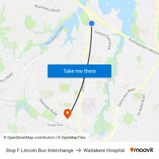 Stop F Lincoln Bus Interchange to Waitakere Hospital map
