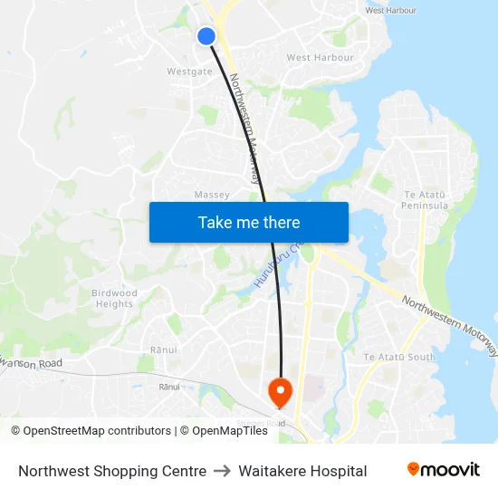 Northwest Shopping Centre to Waitakere Hospital map