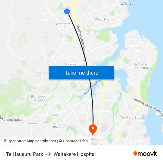 Te Hauauru Park to Waitakere Hospital map