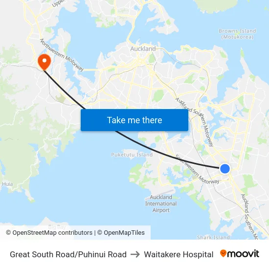 Great South Road/Puhinui Road to Waitakere Hospital map