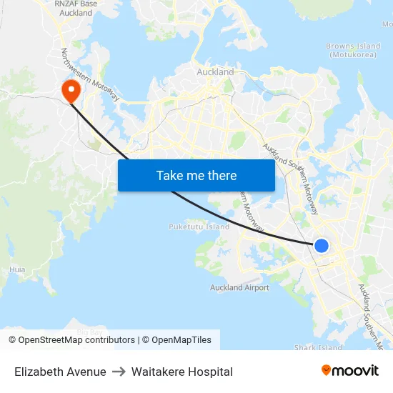 Elizabeth Avenue to Waitakere Hospital map