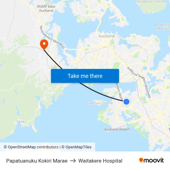 Papatuanuku Kokiri Marae to Waitakere Hospital map