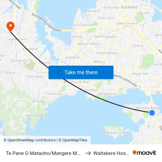 Te Pane O Mataoho/Mangere Mountain to Waitakere Hospital map