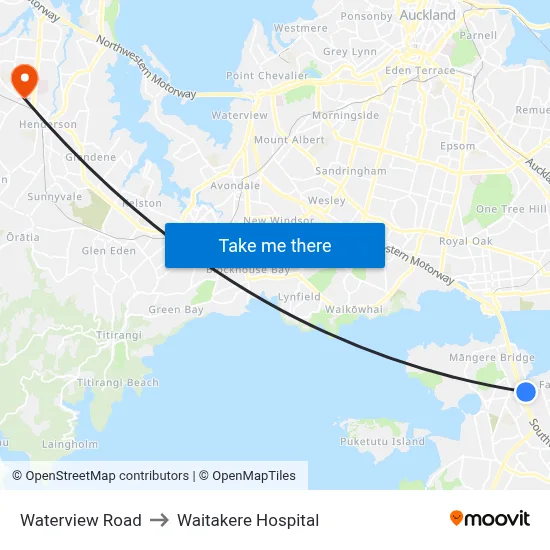 Waterview Road to Waitakere Hospital map