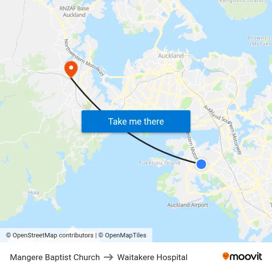 Mangere Baptist Church to Waitakere Hospital map