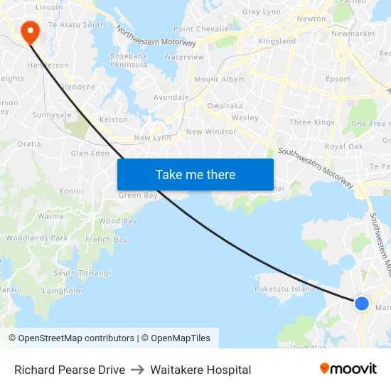 Richard Pearse Drive to Waitakere Hospital map
