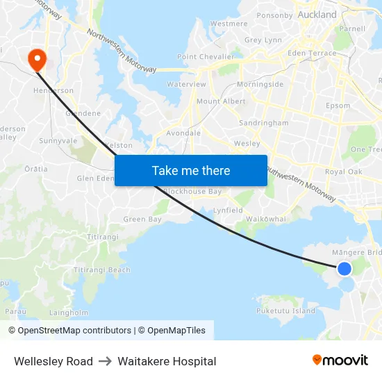 Wellesley Road to Waitakere Hospital map