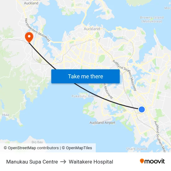 Manukau Supa Centre to Waitakere Hospital map