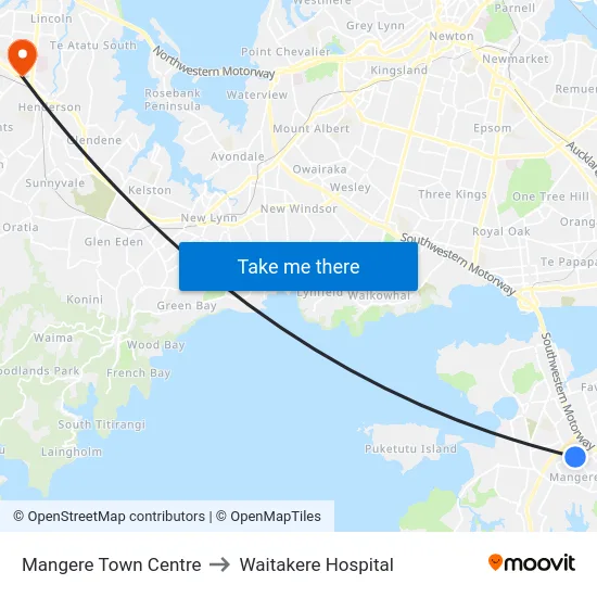 Mangere Town Centre to Waitakere Hospital map