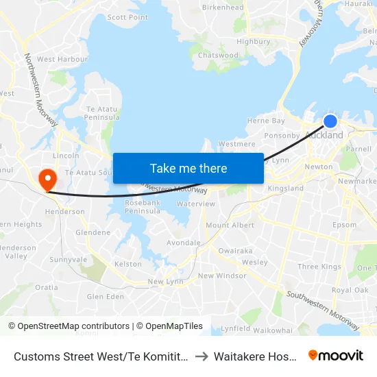 Customs Street West/Te Komititanga to Waitakere Hospital map