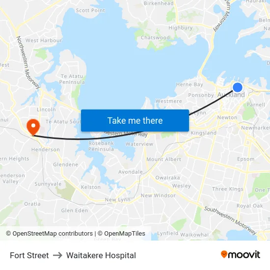 Fort Street to Waitakere Hospital map