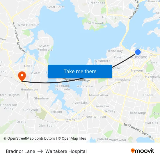Bradnor Lane to Waitakere Hospital map