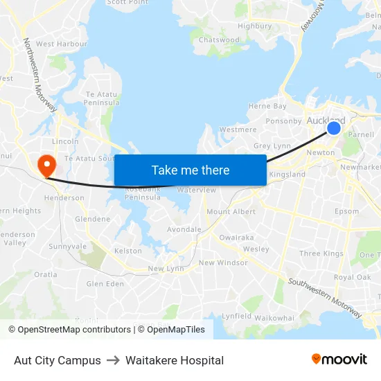 Aut City Campus to Waitakere Hospital map