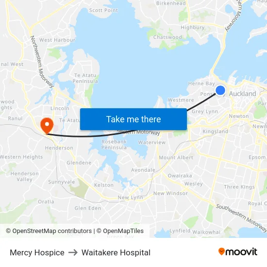Mercy Hospice to Waitakere Hospital map