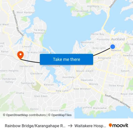Rainbow Bridge/Karangahape Road to Waitakere Hospital map