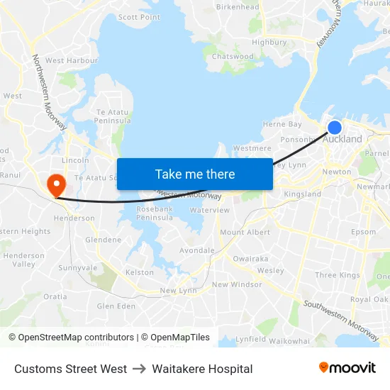 Customs Street West to Waitakere Hospital map