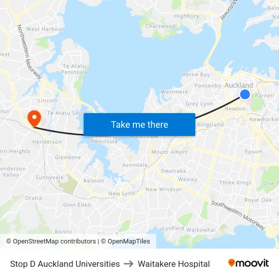 Stop D Auckland Universities to Waitakere Hospital map