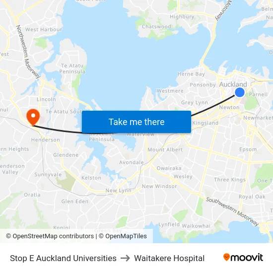 Stop E Auckland Universities to Waitakere Hospital map