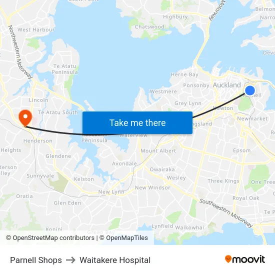 Parnell Shops to Waitakere Hospital map