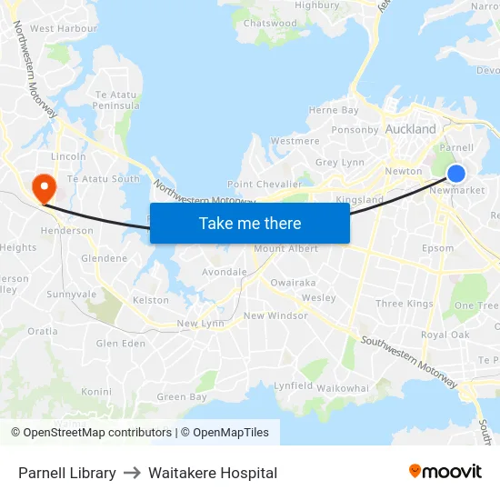 Parnell Library to Waitakere Hospital map