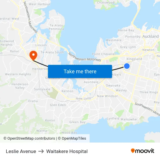 Leslie Avenue to Waitakere Hospital map