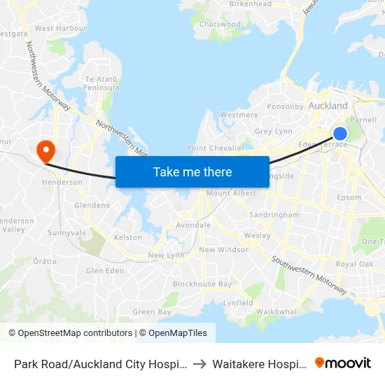 Park Road/Auckland City Hospital to Waitakere Hospital map