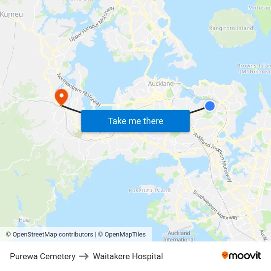 Purewa Cemetery to Waitakere Hospital map
