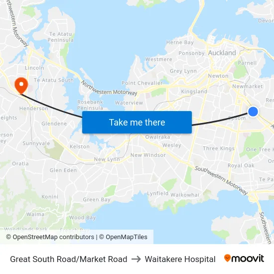 Great South Road/Market Road to Waitakere Hospital map