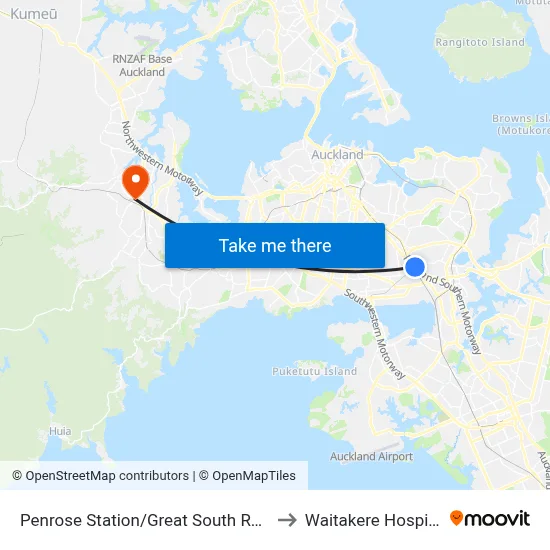 Penrose Station/Great South Road to Waitakere Hospital map