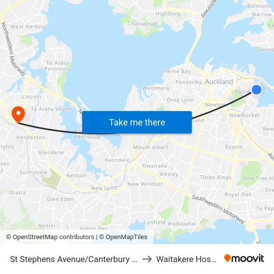 St Stephens Avenue/Canterbury Place to Waitakere Hospital map