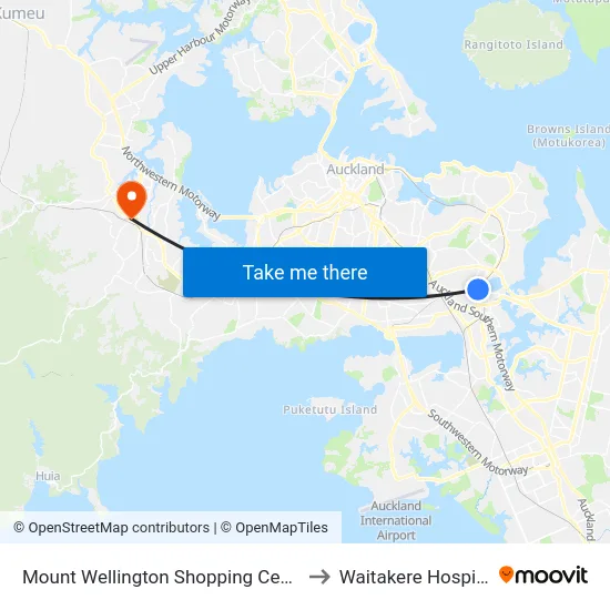 Mount Wellington Shopping Centre to Waitakere Hospital map