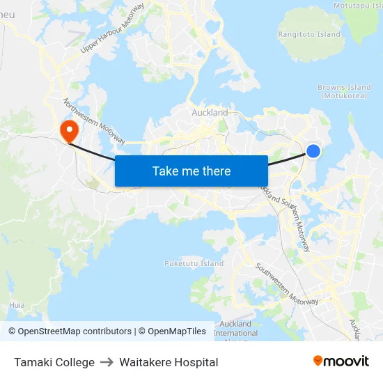 Tamaki College to Waitakere Hospital map