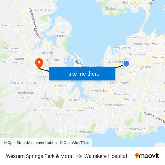 Western Springs Park & Motat to Waitakere Hospital map