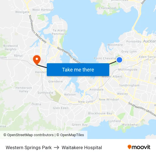 Western Springs Park to Waitakere Hospital map