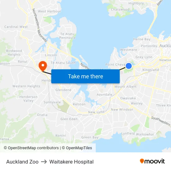 Auckland Zoo to Waitakere Hospital map