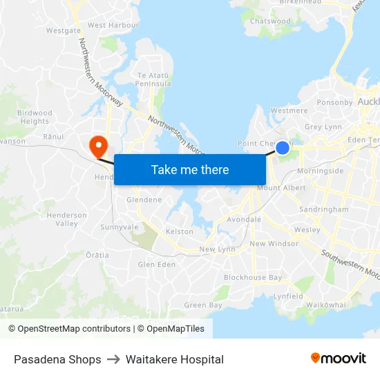 Pasadena Shops to Waitakere Hospital map