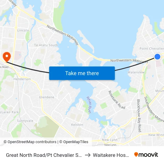 Great North Road/Pt Chevalier Shops to Waitakere Hospital map