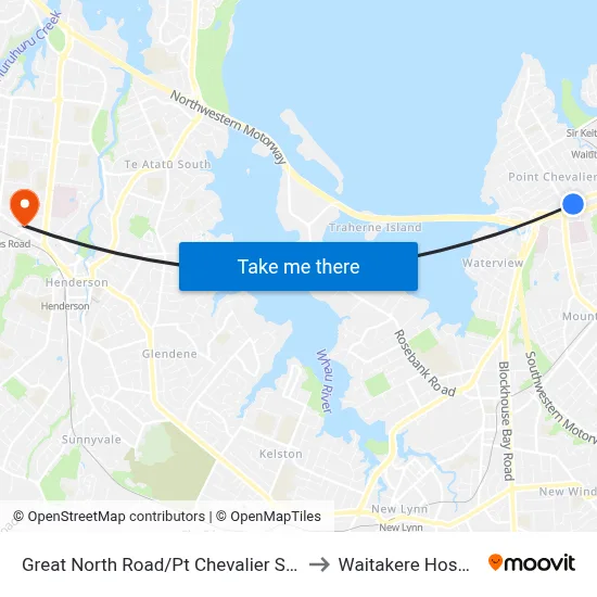 Great North Road/Pt Chevalier Shops to Waitakere Hospital map