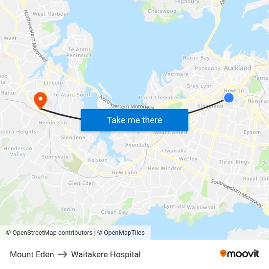 Mount Eden to Waitakere Hospital map