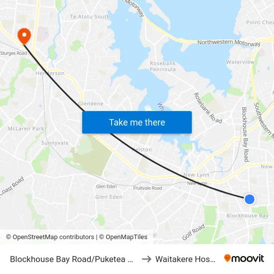 Blockhouse Bay Road/Puketea Street to Waitakere Hospital map
